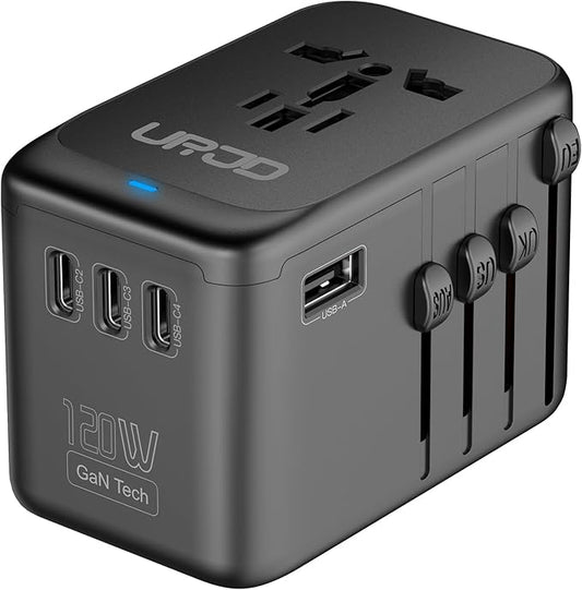 Universal Travel Adapter, 120W GaN International Power Plug Adapter, 5 USB Ports and 1 AC Outlet, All-in-One Travel Charger for 200+Countries, Fast Charging All USB & Dual Voltage Devices