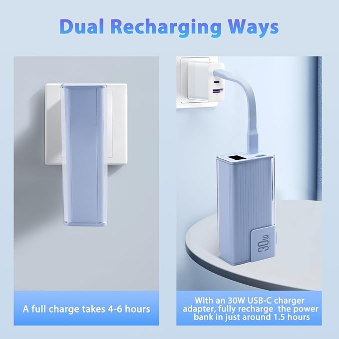 Miady Portable Charger Built-in Foldable Wall Plug, PD 30W 10000mAh Compact Power Bank has USB-C Cable&LED Display, Travel Essential Battery Pack Compatible with iPhone Galaxy SmartPhones (Cream Blue)
