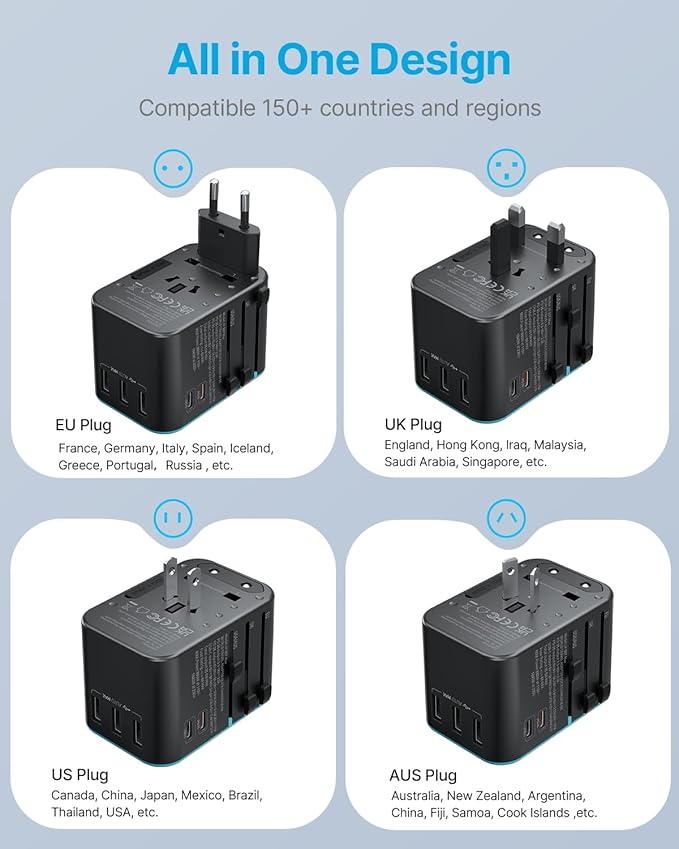 Universal Travel Adapter, VINTAR 35.5W International Power Adapter with 3 USB A QC and 2 USB C PD, All in One Plug Adapter Worldwide Travel Essentials for EU/UK/USA/AUS(Type C/G/A/I), Blue