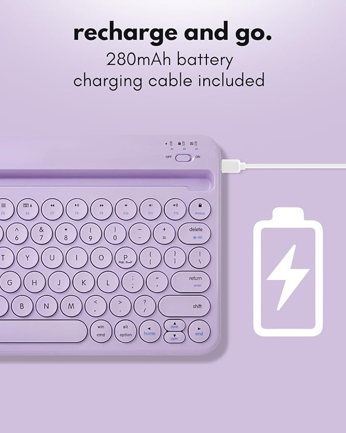 Macally Small Wireless Bluetooth Keyboard for iPad mini/Air/Pro, iPhone, Tablet, and Phone - 78 Key iPad Keyboard with Built-in Stand - Universal Compatible Multi Device - Purple