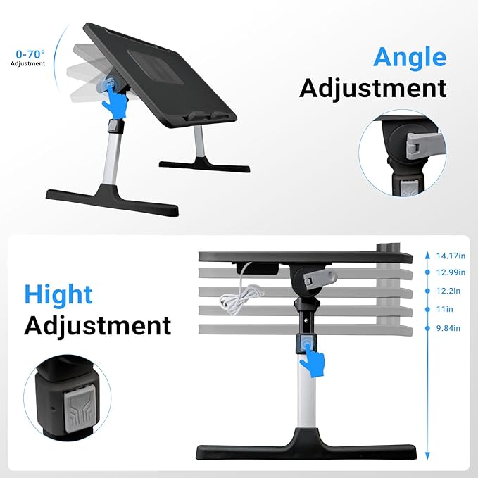 Laptop Lap Desk Include Cooling Fan,Adjustable Lap Desk with Light Fan,Folding Laptop Desk for Bed with USB,Bed Desk with Storage Drawer 56 * 32cm,Black