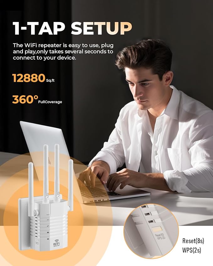 WiFi Extender Signal Booster,WiFi Extender Supports 105 Devices, 1.2Gbps Home Signal Booster,Dual Band 5GHz/2.4GHz, WiFi Booster Up to 12880 Sq.ft, EasyMesh Compatible, One Ethernet Port