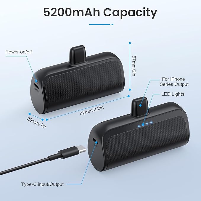 [2 Pack]Mini Portable Charger for iPhone 5200mAh,20W PD Fast Charging Power Bank,Ultra-Compact Battery Pack Travel Portable Phone Charger Compatible with iPhone 14/13/13Pro/12/11/XR,Black+Light Blue