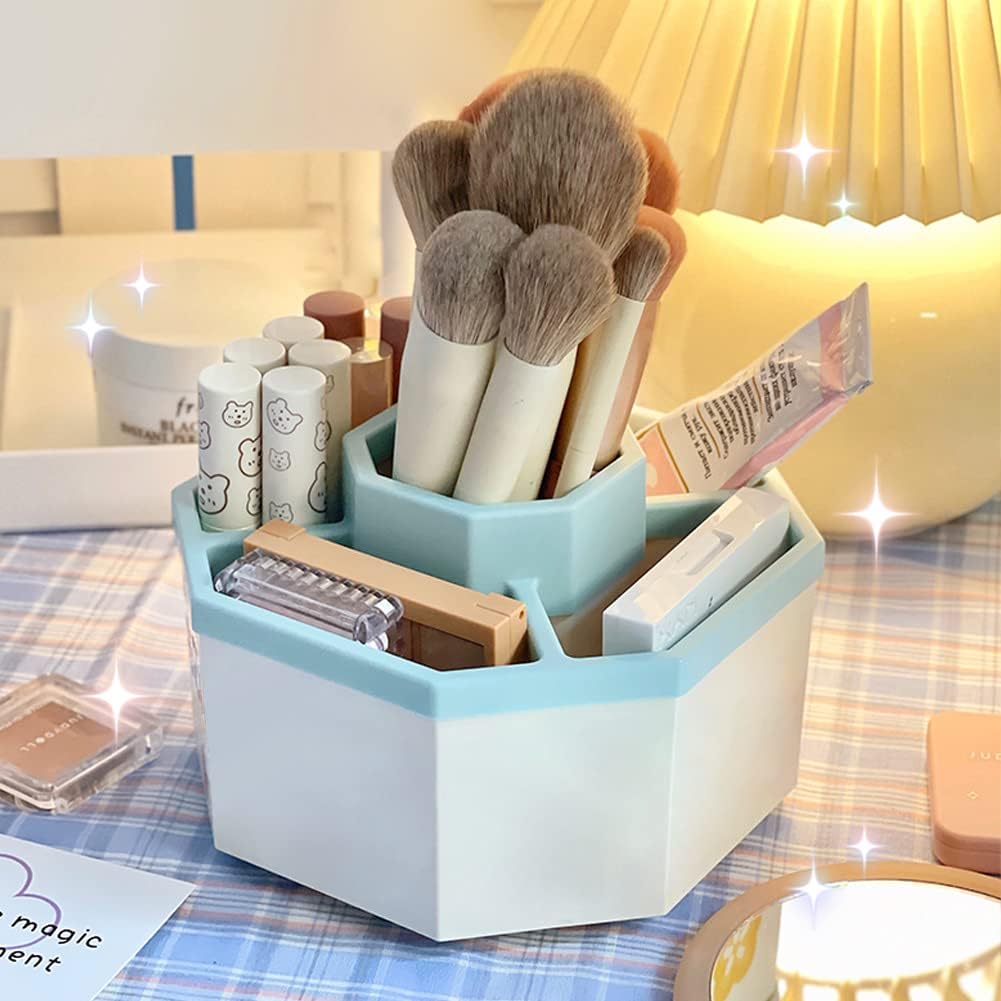 Desk Organizer, 360-Degree Rotating Multi-Functional Pen Holder, 5 Compartments Desktop Stationary Organizer, Home Office Art Supply Storage Box Caddy (White+Blue)