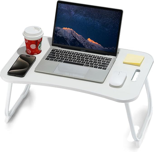 Laptop Bed Desk, Foldable Lap Table, Portable Study Table, Laptop Stand with Cup Holder & Tablet Slot & Lifting Handle for Working Writing Drawing & Eating - White