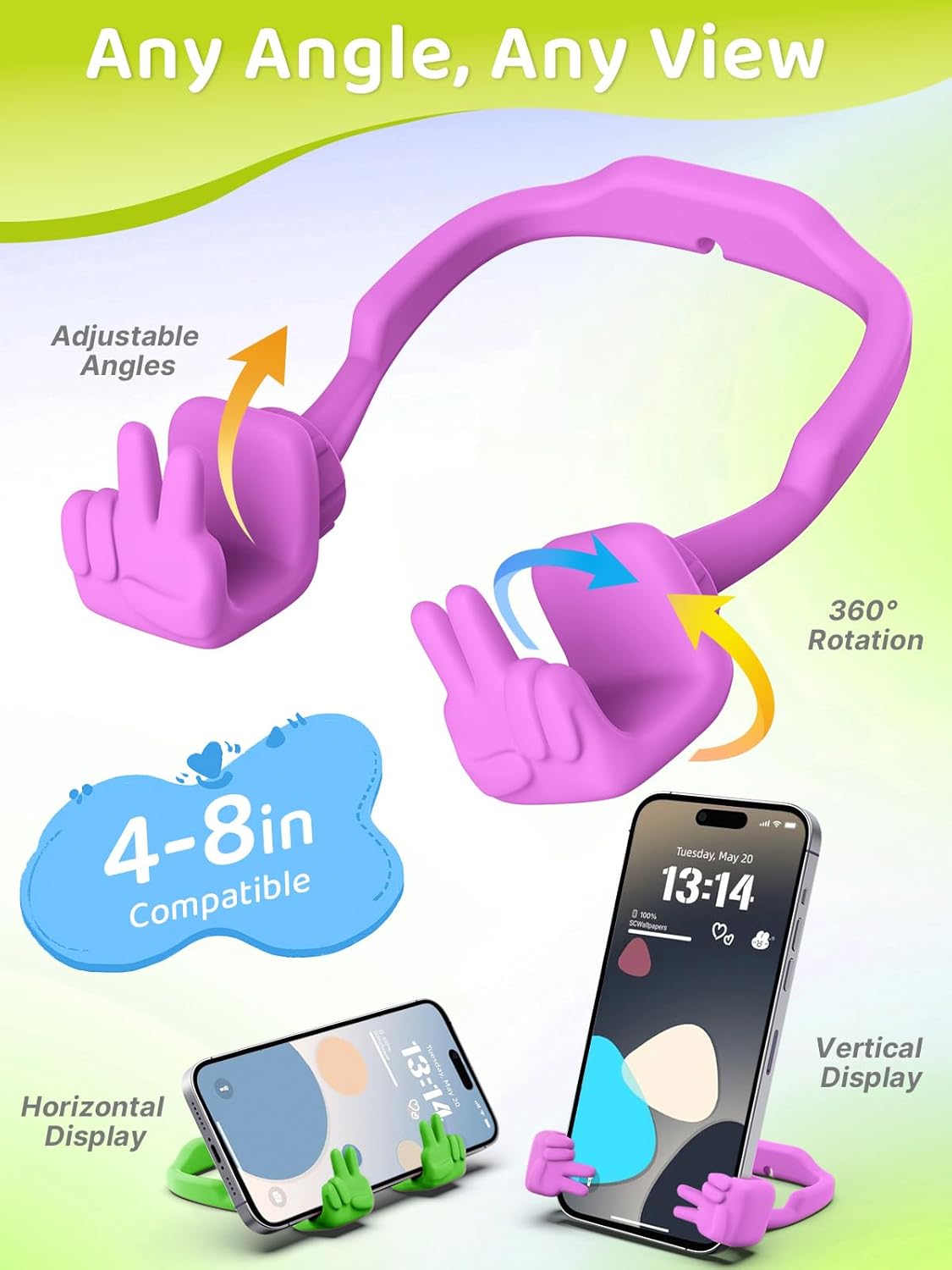 Stocking Stuffers for Teens Girls Boys Kids Cell Phone Stand: 2 Pack Upgrade Adjustable Peace Sign Thumbs Lazy Phone Holder for Desk Birthday Gifts for Women Men Adults (Bright Purple&Avocado Green)