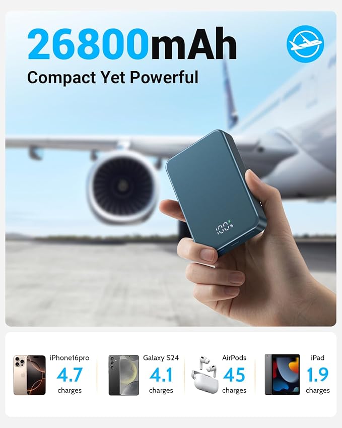 Magnetic Power Bank 26800mAh for Magsafe Portable Charger, Aluminum Alloy Large Capacity 20W USB-C in&Out Wireless Fast Charging for iPhone16 Plus Pro Max/15/14/13/12 Series, Blue