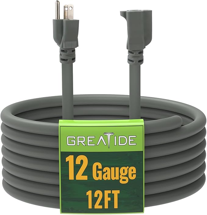 12 Ft Outdoor Extension Cord - 12/3 SJTW Heavy Duty Grey Extension Cable with 3 Prong Grounded Plug - Power Cord for Lawn, Garden, Appliances