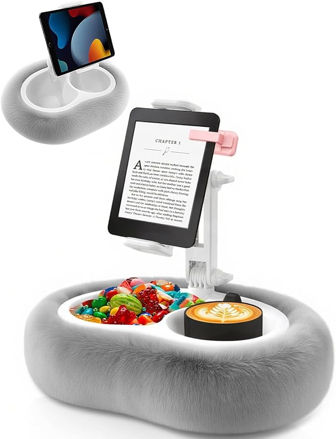 Tablet Pillow Stand, Compatible with 4.7"-12.9" Kindle, iPad, Phone/Tablet, Google, 360° Rotating Phone Holder for Bed, Detachable Bowl, Reading and Relaxation on Bed, Gray, Large (Faux Fur Pillow)