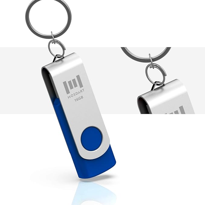 MOSDART USB2.0 16GB Flash Drive, Swivel Design with LED Indicator, Keychain Loop, FAT32 Memory Stick for Data Storage, Blue(Pack of 10)