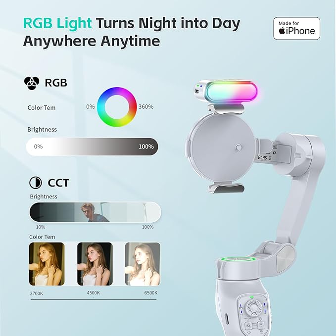 COMITOK Only for iPhone, MOGO [Apple MFi Certified] Gimbal Stabilizer for iPhone with Phone Clip & RGB Light, Support Selecting Tracking Target on Apple Watch & iOS26 Cameras for iPhone 16 15 Pro Max