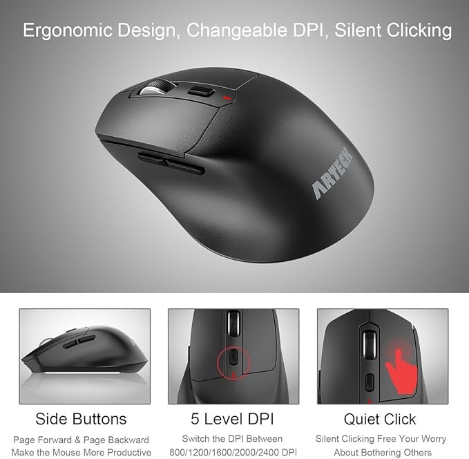Arteck 2.4G Wireless Mouse with Nano USB Receiver Ergonomic Right Hand Silent Clicking with Backward & Forward for Computer/Desktop/PC/Laptop and Windows 10/8/7 Build in Rechargeable Battery