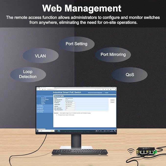 Mini Industrial Managed 5 Port Gigabit PoE Switch, IEEE 802.3af/at 120W Total PoE Budget, Smart Web Management with QoS, VLAN, Port Mirroring & Loop Detection, Rugged Industrial Design -40°C to 80°C