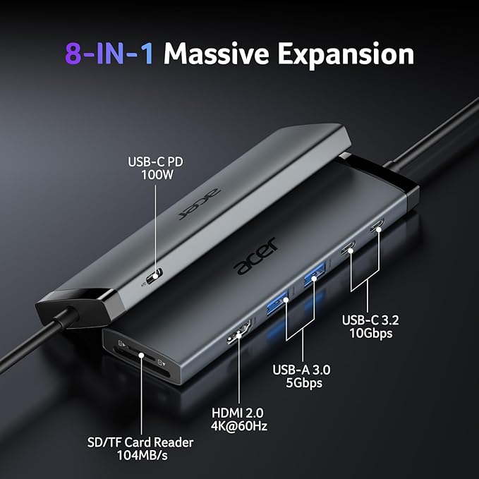 Acer 8 in 1 USB C Hub 10Gbps, USBC to HDMI Adapter 4K@60Hz, 2×USB-C 3.2, 2×USB A 3.0 Data Transfer, 100W PD Port Type C Multiport Splitter with SD/TF Card Reader, for Laptop, PC, Desktop, iPad Pro