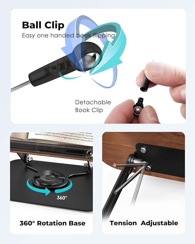 Viozon Book Stand for Reading,Book Holder, Height&Angle Adjustable, 360° Rotating Base, Foldable and Portable, Lightweight for Office, Kitchen, School Textbook, Recipe, Magazine,Kindle,Tablet DW