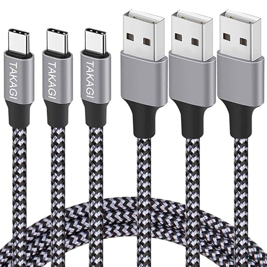 TAKAGI USB to USB C Cable (3Pack 6ft) USB A to Type C Cable Fast Charging Nylon Braided Data Sync Transfer Cord USB C Charger for iPhone 17 Pro Max/17 Air/16e/16 15 Pro/15 Plus/Galaxy S20 S10 Note 20