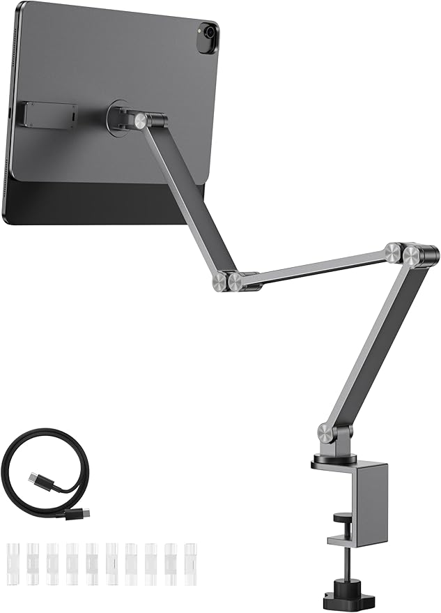 [Upgrade] Magnetic Wireless Charging Stand for iPad Pro 12.9" Gen3-6 / Air 13" M3/M2, Rock Steady iPad Stand for Desk with Foldable Aluminum Alloy Arm, Adjustable Tablet Mount with 2M Braided Cable