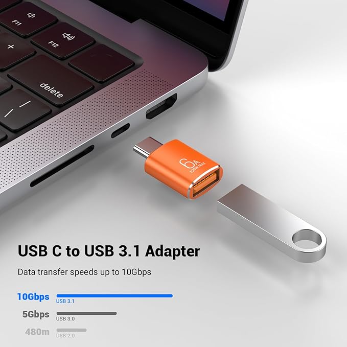 10 Pack 10Gbps/120W USB C to USB3.1 Adapter, Orange Type C Male to USB Female Adapter for Smartphone, PC, Laptop, Tablet, Keyboard etc.