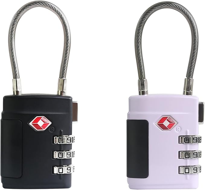 Combo TSA Locks for Luggage, Locker, Suitcase, Luggage Locks TSA Approved, Small Combination Padlock with Cable for Gym Locker, Gun Case, Backpack Bag Zipper, Storage Box, Travel Safe