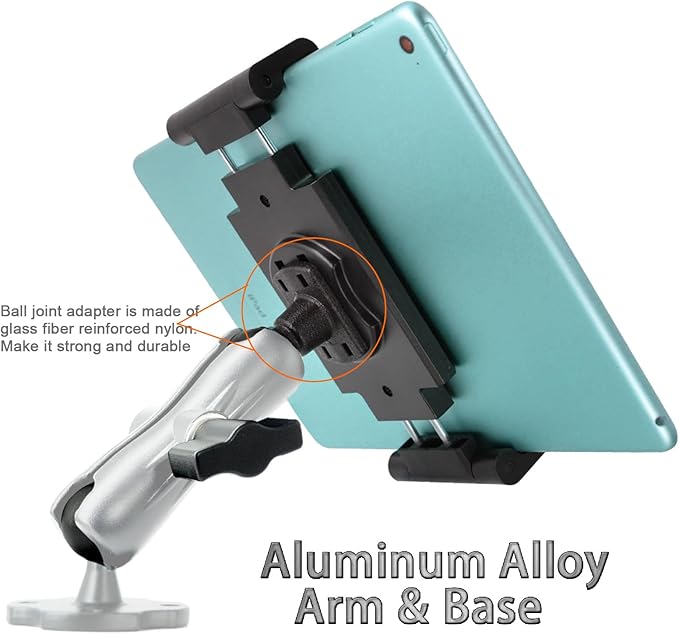 Aluminum Arm Heavy Duty Tablet Mount Drill Base - for 6.5"-12.9" Tablet iPad Pro/Mini, iPad Holder for Truck, Car,Dashboard,Desk,Wall-Swivel with 1 inch/25mm Ball Joint