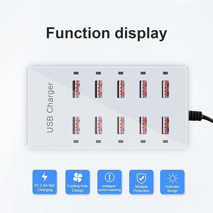 USB Charger 10-Ports Charging Station for Multiple Devices USB Wall Charger Power Hub Strip Smart Plug Charging Dock Block Compatible for iPhone Xs/XR,iPad,iPod,Smart Phones
