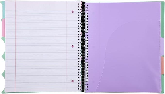 Mintra Office Durable PREMIUM Spiral Notebook, ((Sage Green, 5 Subject (8.5in x 11in)), Fabric Covered Coils, No Snags, College Ruled, Adjustable Pocket Dividers, Ruler, Organization, Student, School