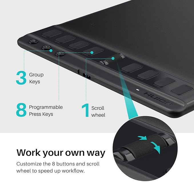 HUION Inspiroy 2 Medium Drawing Tablet with Scroll Wheel 8 Customized Keys Battery-Free Stylus 60° Tilt Support for Digital Art, Design, Sketch, 9x5inch Graphics Tablet, Black