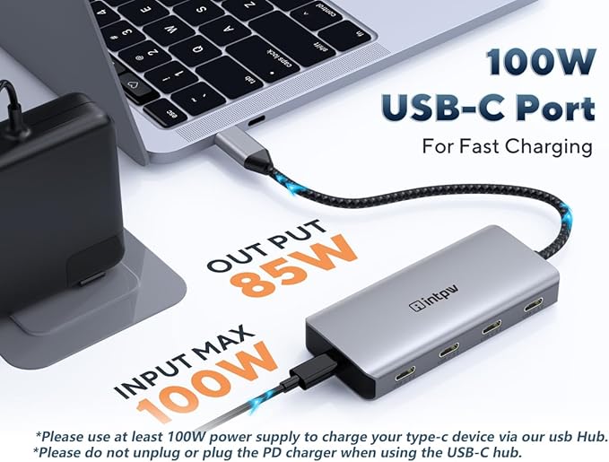 Powered USB Hub 10Gbps, intpw 9-Port USB 3.2 Hub, USB C Hub with USB A/USB C 3.2, 4 USB 3.0, 2 PD 45W Charging Ports, 65W Power Adapter and 3.3FT Cable, Aluminum USB Hub for Laptop, iPhone 16/15, PC
