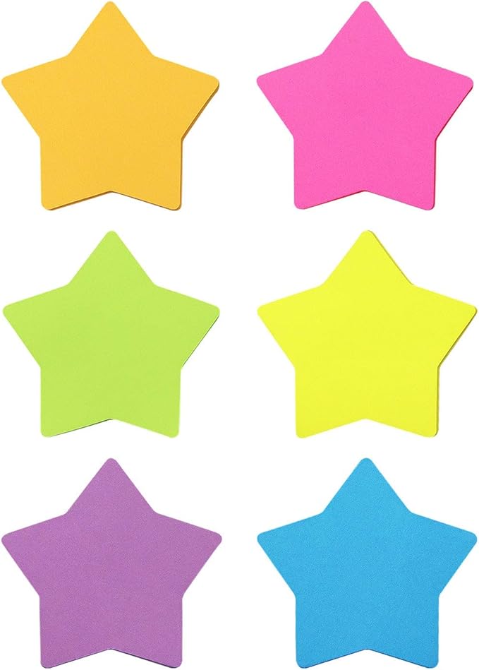 SIMONA Star Shape Sticky Notes 6 Color Bright Colorful Sticky Pad 75 Sheets/Pad Self-Sticky Note Pads (6 Pads)