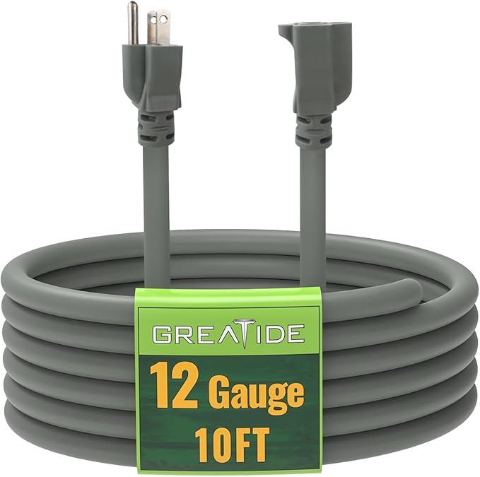 10 Ft Outdoor Extension Cord - 12/3 SJTW Heavy Duty Grey Extension Cable with 3 Prong Grounded Plug - Power Cord for Lawn, Garden, Appliances