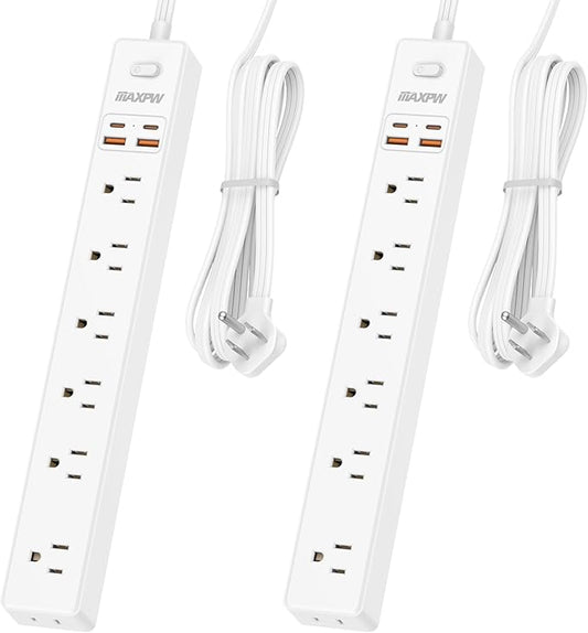2 Pack Power Strip Surge Protector - 7 Outlets 4 USB Ports (2 USB C), 6 Ft Ultra Thin Flat Plug Extension Cord, 1875W/15A, 1700 Joules, Wall Mount for Home Office Dorm, White