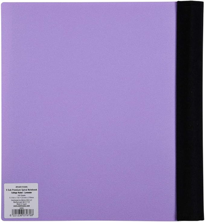 Mintra Office Durable PREMIUM Spiral Notebook, ((Lavender, 5 Subject (8.5in x 11in)) - Fabric Covered Coils, No Snags, College Ruled, Adjustable PocketDividers, Ruler, Organization, Student, School