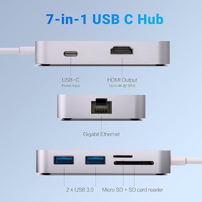 MINIX USB C Adapter, 7 in 1 USB C Hub with 4K 60Hz HDMI,Gigabit Ethernet, 2 USB 3.0, 100W PD Charging, SD/TF Card Reader, Compatible with MacBook Pro/Air, iPad Air/Pro, iMac, Laptop, PC, Grey