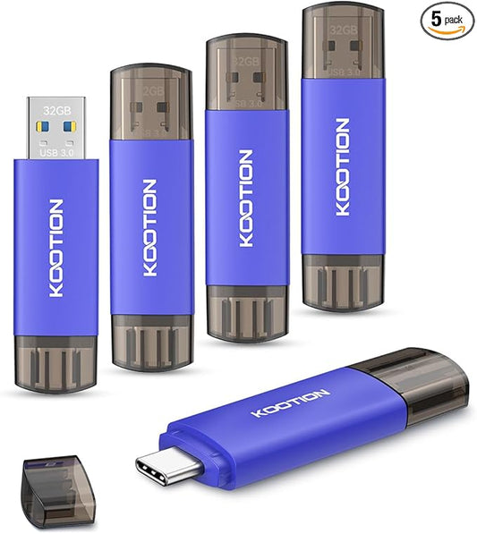 32GB Type-C Flash Drive 5-Pack, KOOTION 2-in-1 USB C Flash Drive USB-A&USB-C 3.0 Dual Drive OTG, Thumb Drive Memory Stick for Android Smartphone/Tablet/PC