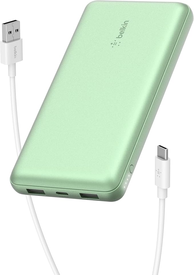 Belkin Portable Charger, USB-C Power Bank 20000 mAh w/ 2X USB-A Ports, 15W w/Type-A to Type-C Cable for iPhone 17, Air, Pro, Samsung Galaxy S25, iPad, Nintendo Switch 2, Google Pixel 10, etc. - Green