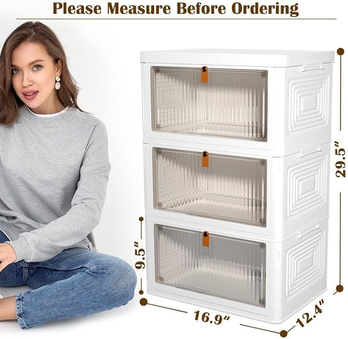 3 Tier Plastic Storage Bins with Lids 35QT, Stackable Storage Containers with Wheels, Folding Storage Boxes, Collapsible Storage Bins, Closet Organizers and Storage for Living Room,Office,Dorm