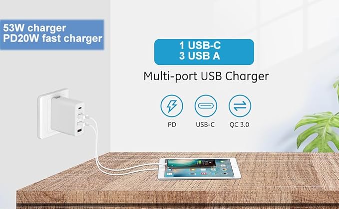 MaxLax 4-Port Desktop USB Charging Station,53W High-Speed Multi-Port USB Charger Hub for Smartphones, Tablets & Powered Devices