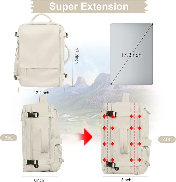 Hanples Large Travel Backpack for Women, 40L Carry on Luggage Backpack, College Laptop Backpack Airline Approved Business Work Bag Fits 17 Inch Computer for Men with 2 Toiletry Bags (Beige)