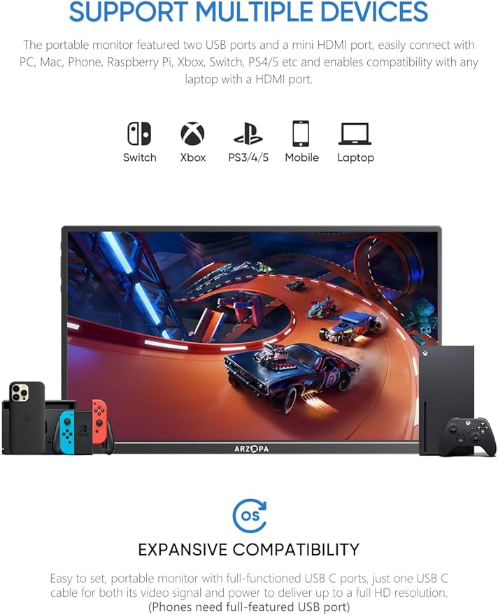 ARZOPA Portable Monitor Kickstand, 14.0" Ultra Slim Portable Laptop Monitor FHD 1080P External Display with Dual Speakers Second Screen for Laptop PC Phone Xbox PS4/5 Switch-A1S