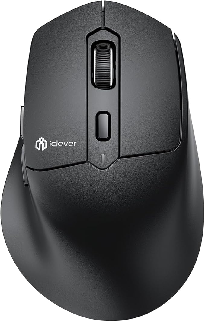 iClever MD360 Ergonomic Bluetooth Mouse with Mouse Jiggler, Wireless Rechargeable Mouse for 3 Devices (BT/2.4G), 4 DPI Settings, Compatible with iPad, Mac, PC