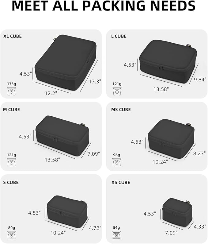 6 Set Compression Packing Cubes, Suitcase Storage Bags for Clothes and Travel Essentials (Pure Black)