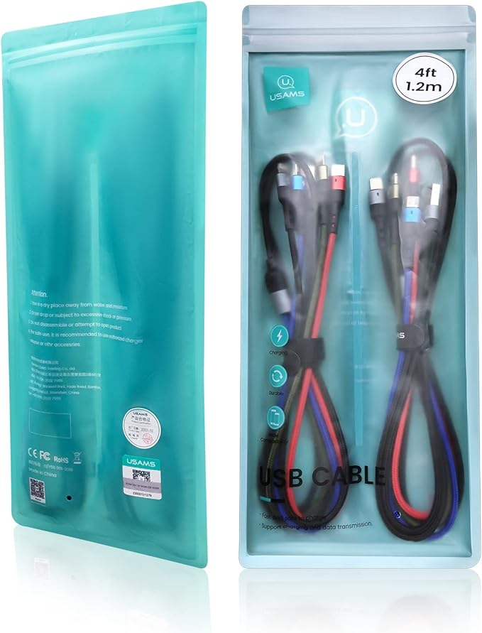 USAMS Multi Charging Cable 2Pack 4FT 4 in 1 Nylon Braided USB Fast Charging Cord Adapter Type C Micro Port Compatible Cell Phones Tablets and More