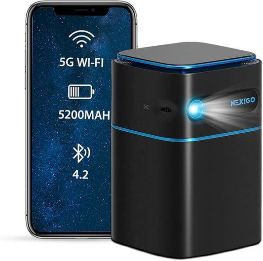 NexiGo Smart WiFi Mini Portable Projector, 4K Supported, Android 9.0, [100 ANSI - Over 3000 Lux], DLP Bluetooth Pico Video Projector, 4-Hours Playtime, Neat Projector, Home Entertainment