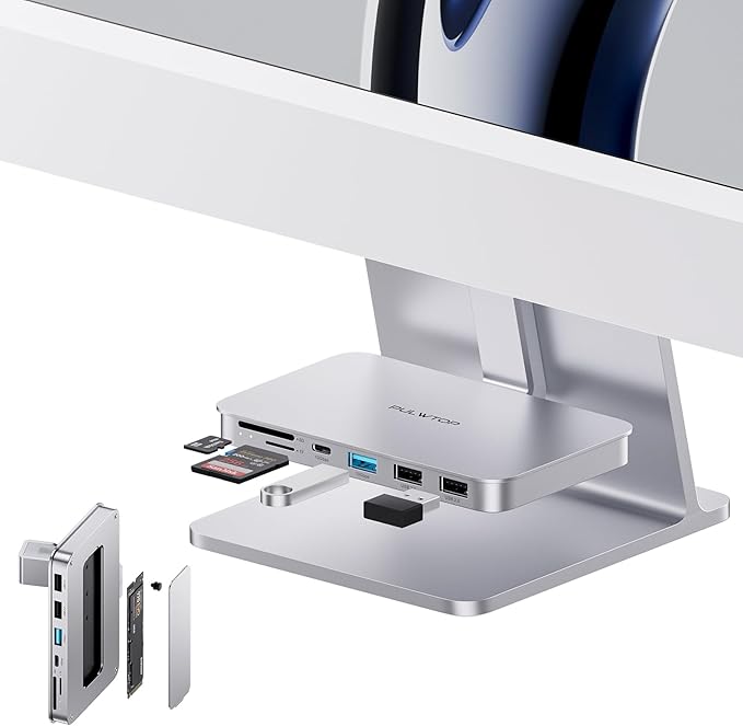 iMac Accessories for iMac24 inch 2021/2023/2024, PULWTOP iMac Hub with M.2 NVMe SSD Enclosure, i-Mac USB C Hub USB A/C 10Gbps, SD/TF, i-Mac USB Adapter for iMac24 M1/M3/M4 or Studio Display 27 inch