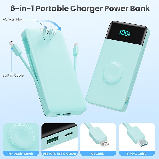 Portable Charger for iPhone with Built in Cables & Wall Plug,6-in-1 10800mah Power Bank With iWatch Charger,QC4.0+25W PD Fast Charging Battery Pack for iPhone 16/15/14/13,Android,Apple Watch (Green)
