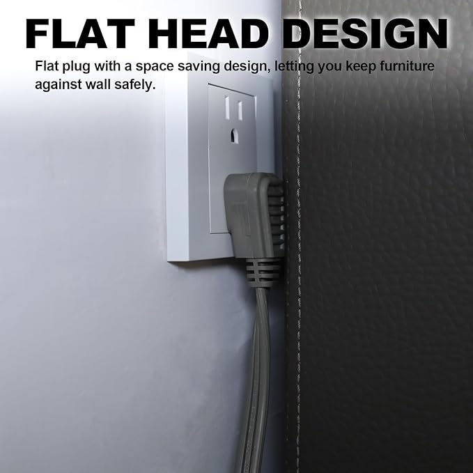 EP 1 Ft 3 Outlet Extension Cord with Flat Plug, 3 Prong Grounded, 16/3 SPT-3 Power Cable for Indoor Use, Grey, 2 Pack