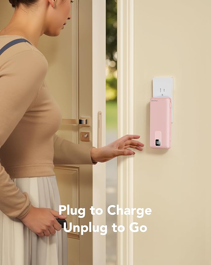 charmast 20000mAh Portable Charger with Wall Plug, Fast Charging Power Bank USB C, 20W PD Battery Pack with Built-in Cables Travel Essential for iPhone 16/15/14, Samsung, iPad More Devices (Pink)