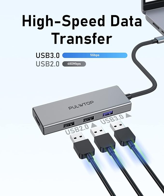 USB C Hub, USB Adapter with 1*USB-C 3.2, 2*USB 2.0, 2 *HDMI, 100W PD in, Multiport Dongle for MacBook Pro, MacBook Air, Dell and More