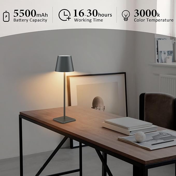 2 Packs LED Cordless Table Lamp, Rechargeable Battery Desk lamp 5500mAh Battery Operated Stepless Dimming Modern Portable Table Light for Restaurant/Table/Bedroom/Outdoor IP54 Waterproof (Anthracite)