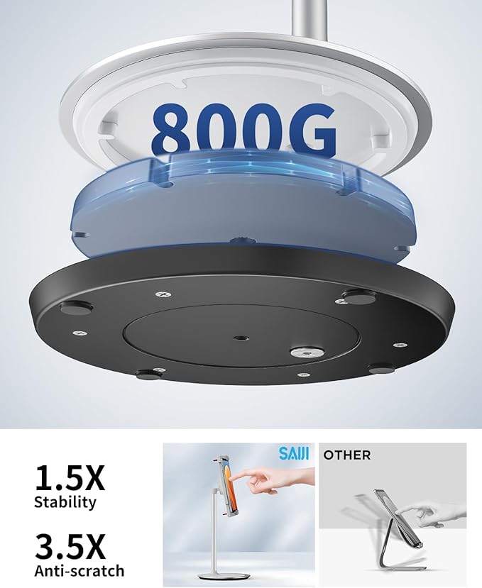 SAIJI Tablet Stand Holder, Height Adjustable Portable Monitor Stand, 360 Degree Rotating, Aluminum Alloy Cradle Mount Dock for 4.7"-15.6" Screen iPhone Samsung, iPad, Kindle, eBook Reader (Silver)